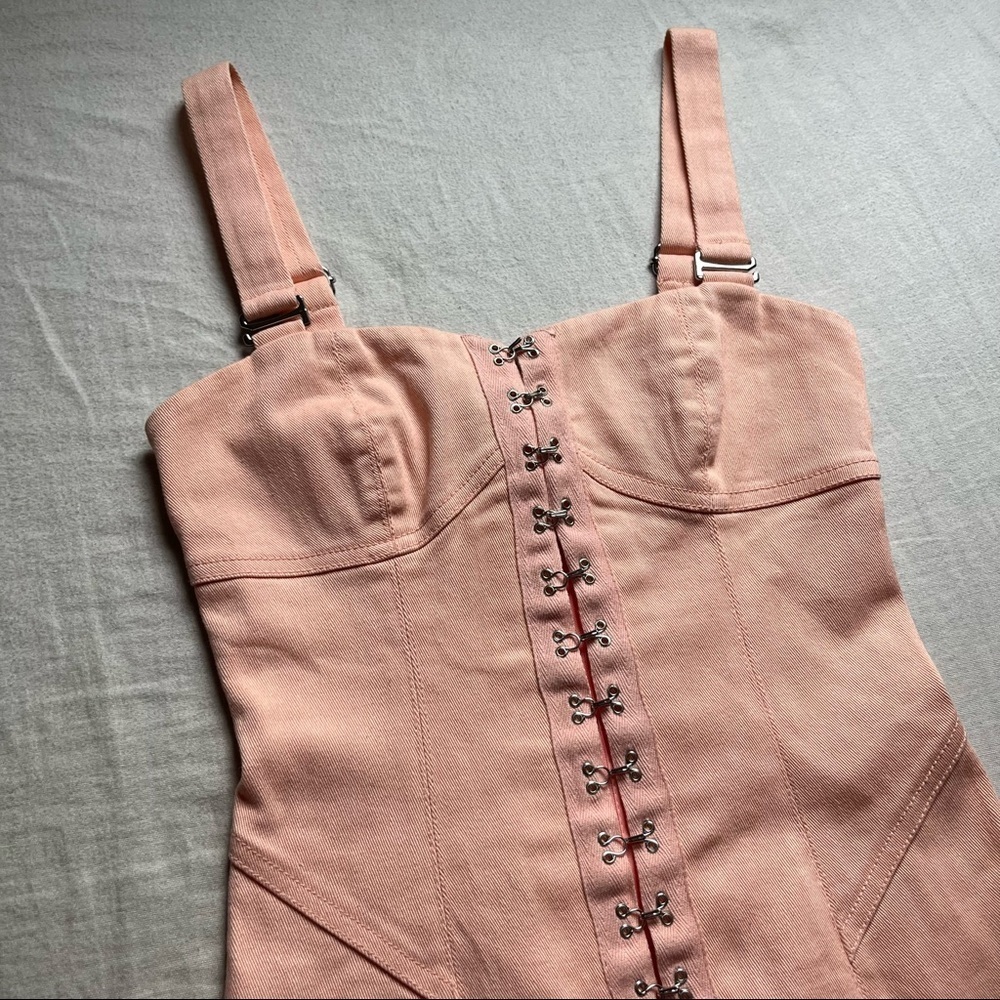 For Love and Lemons peach pink denim raw hem hook and eye detail mini dress - Picture 3 of 6